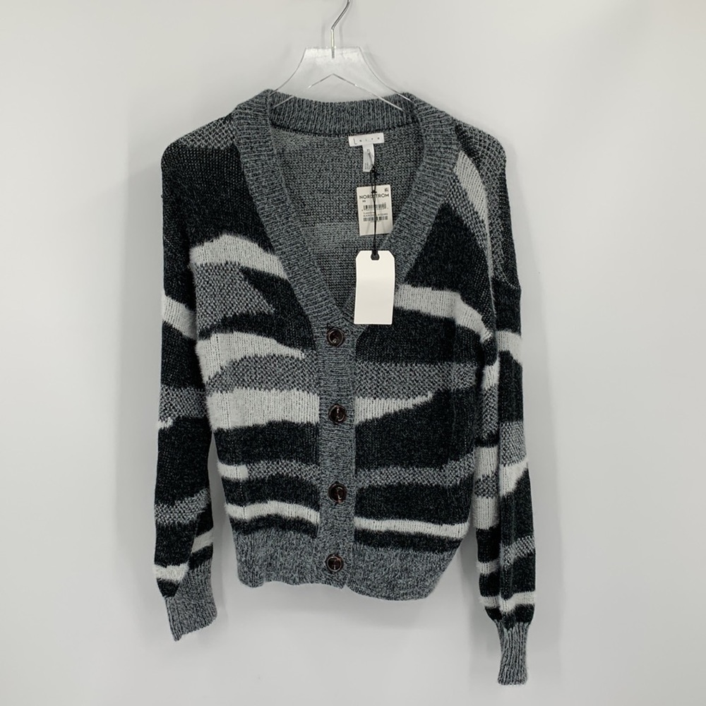 Leith cardigan sweater black zebra jacquard v-neck soft fuzzy new X-Small XS